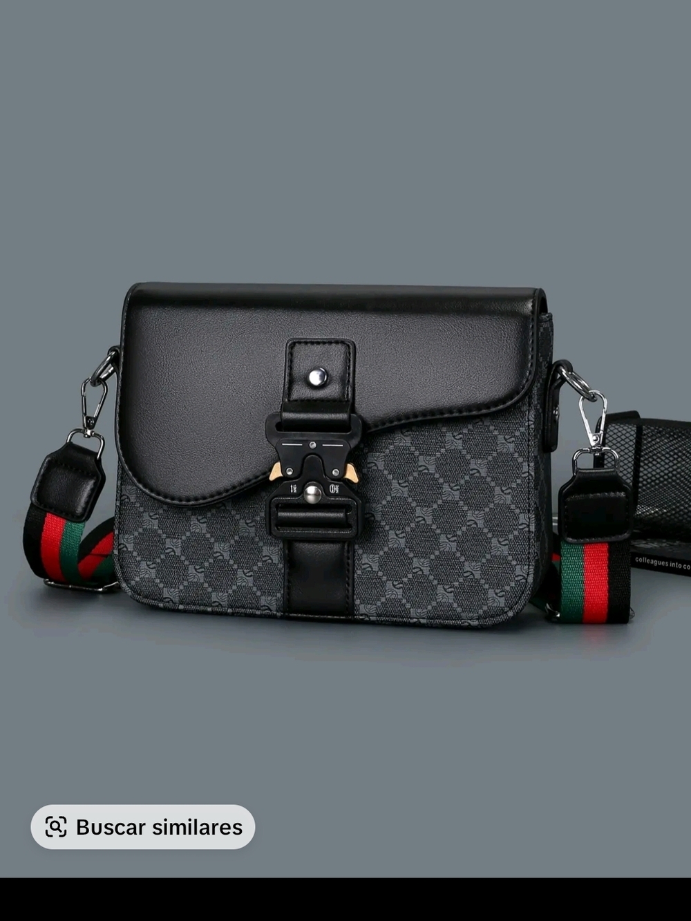 Black Patterned Crossbody Bag with Green-Red Strap